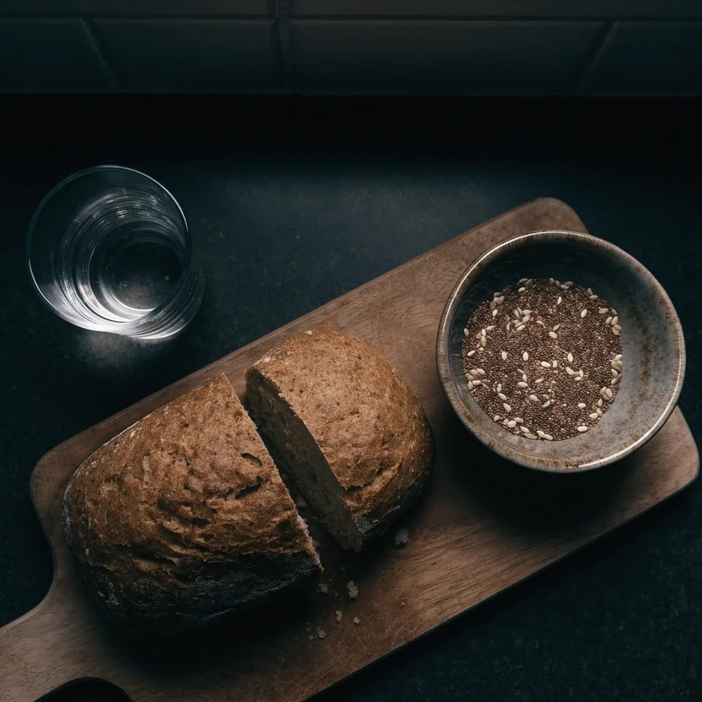 Deska do krojenia na ciemnym blacie kuchennym z przekrojonym chlebem pełnoziarnistym, miseczką nasion i szklanką wody